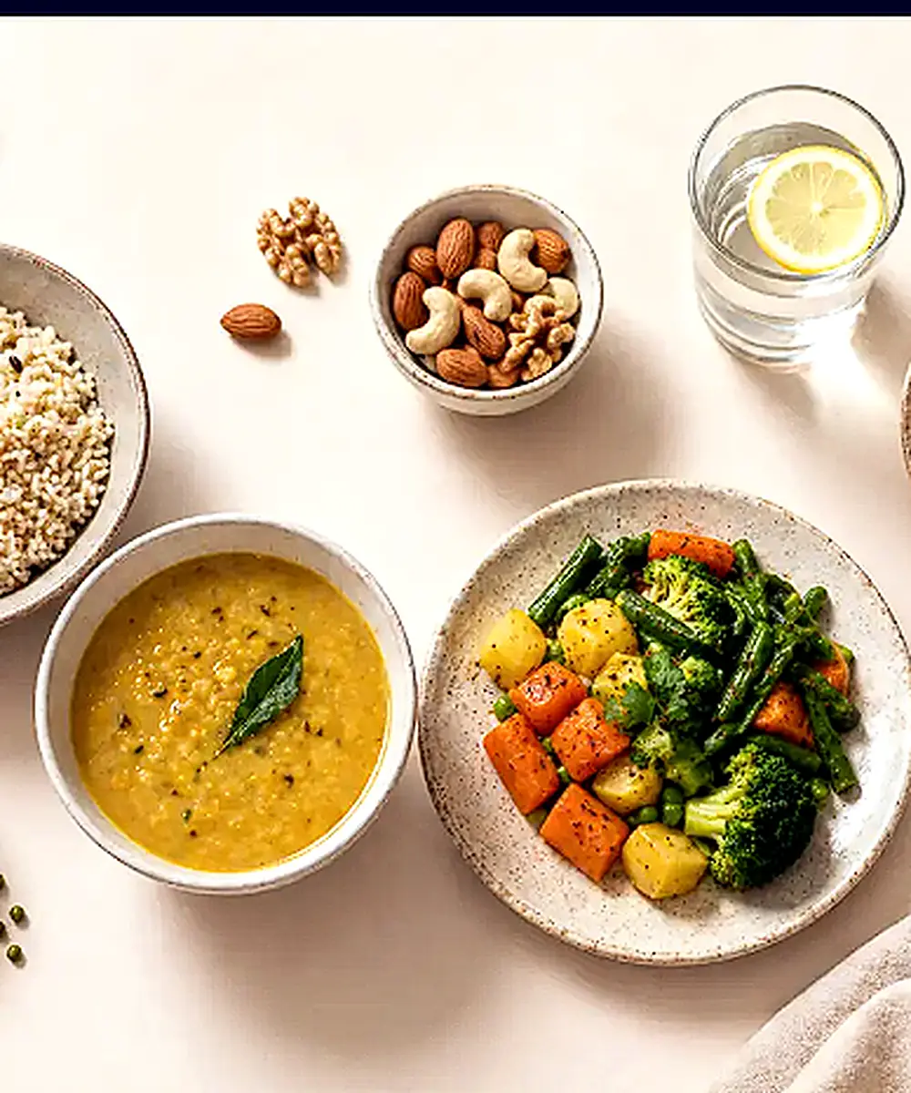 Satvic Ayurvedic nourishment thali with dal, vegetables, grains and fruit